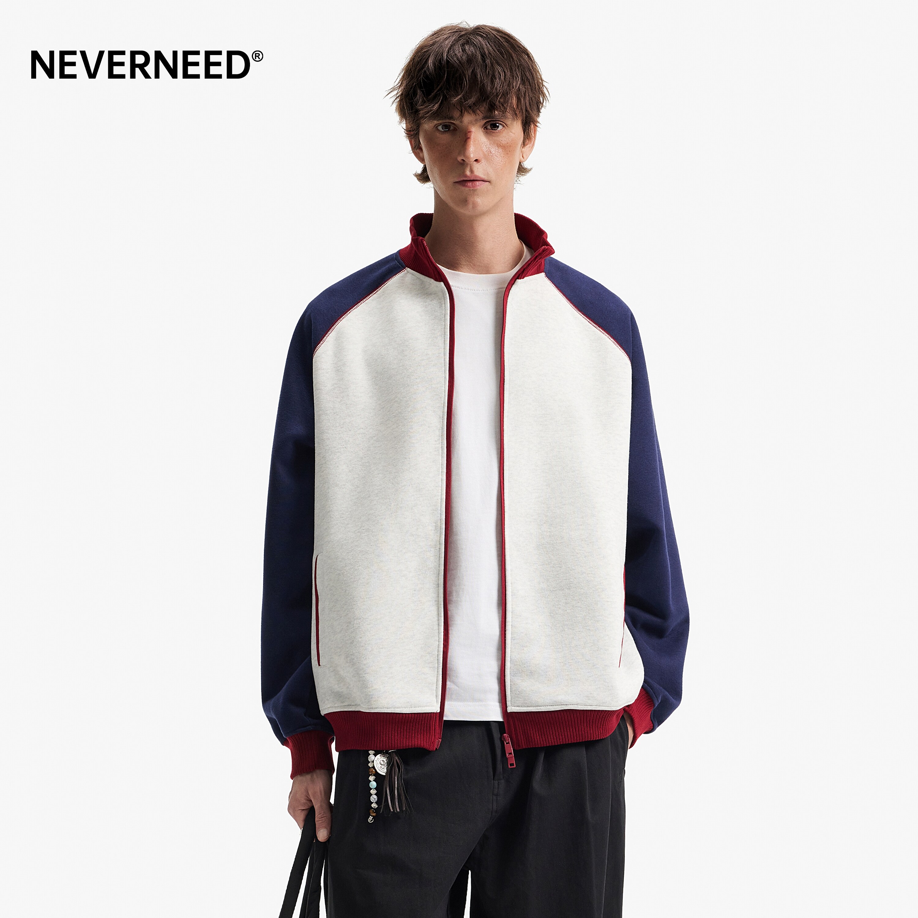 NEVERNEED撞色开衫卫衣男女秋季图片