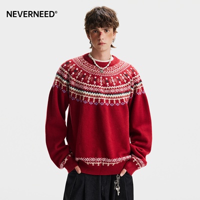 NEVERNEED复古费尔岛提花毛衣男