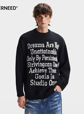 NEVERNEED黑色字母提花圆领毛衣男冬季美式慵懒风情侣针织衫上衣
