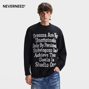 上衣 慵懒风情侣针织衫 NEVERNEED黑色字母提花圆领毛衣男冬季 美式