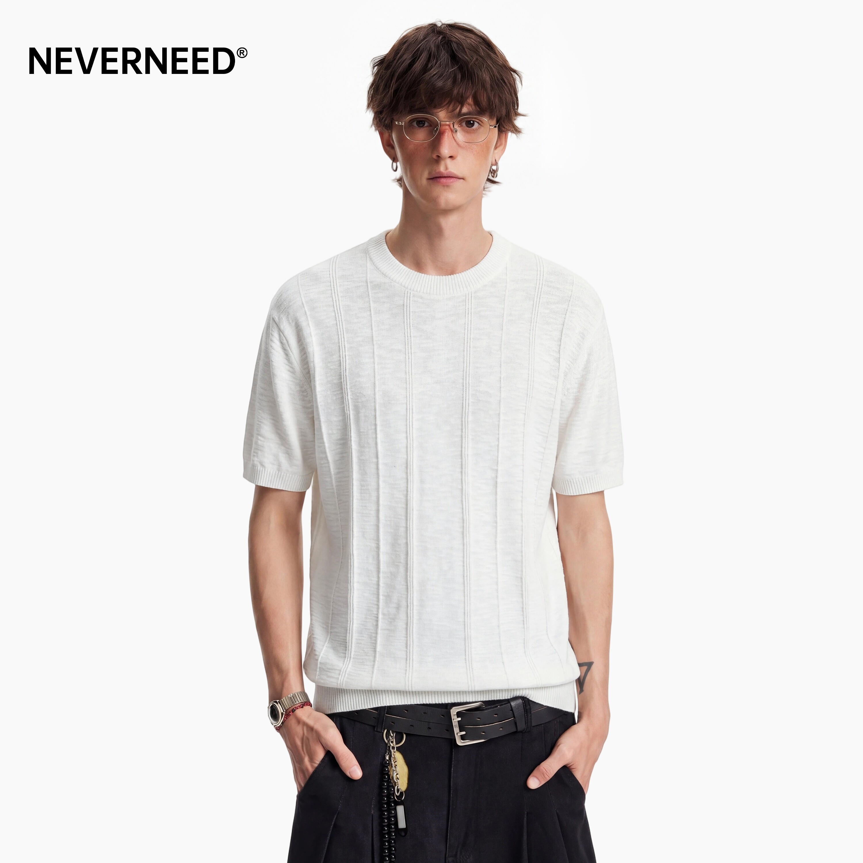 NEVERNEED老钱风亚麻针织短袖T恤图片