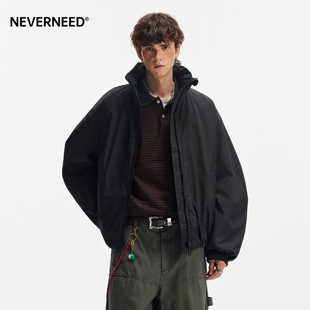 复古cleanfit保暖外套潮 美式 NEVERNEED黑色短款 立领棉衣男女冬季