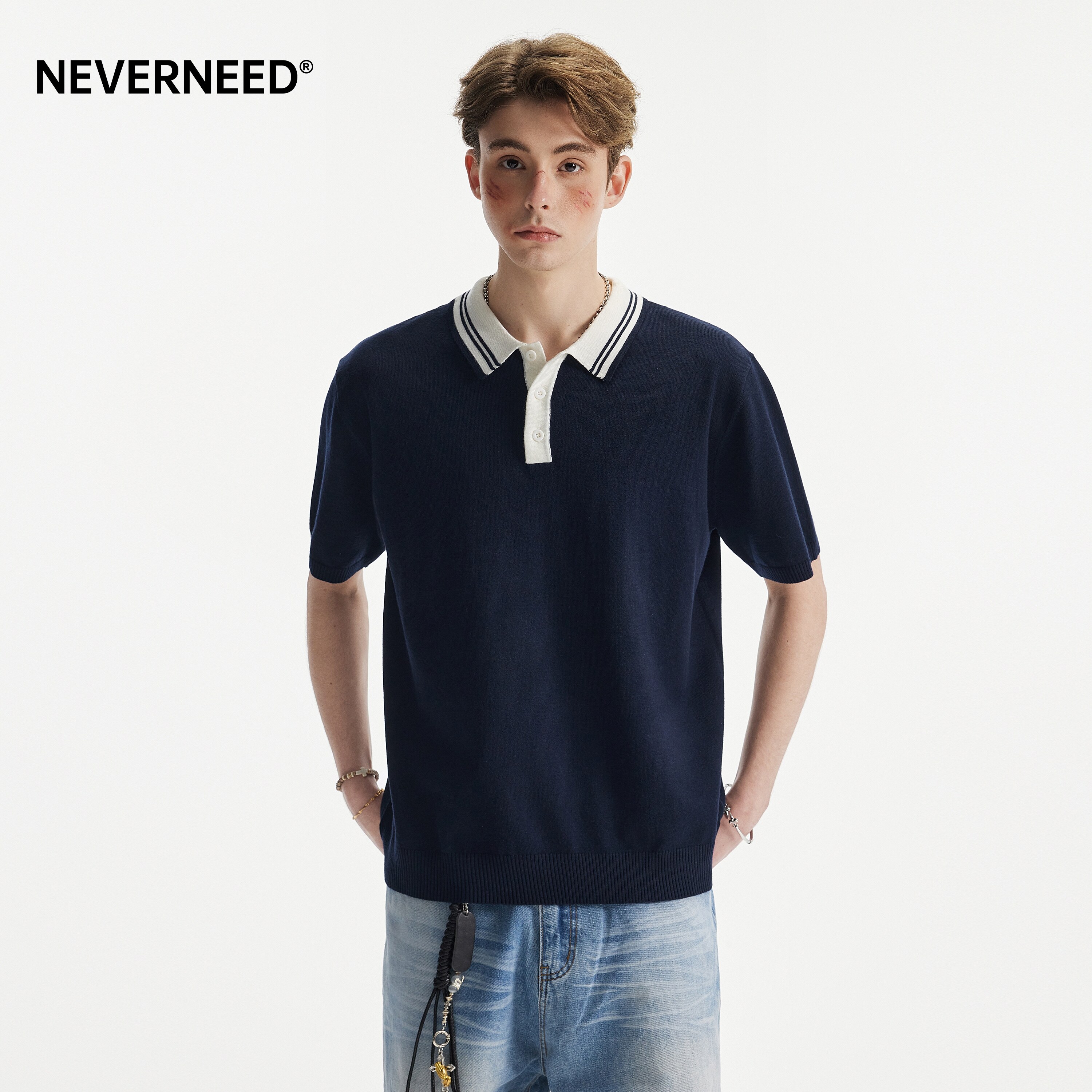 NEVERNEED撞色针织Polo衫男女图片