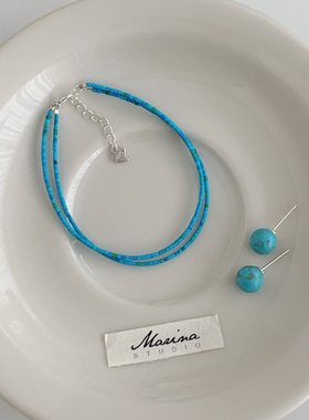 天然极细1mm双层叠戴绿松石手串手工自制手串新中式手链s925纯银