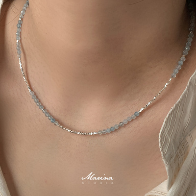 小众清冷感blingbling天然海蓝宝碎银子项链通体s925纯银手工串珠