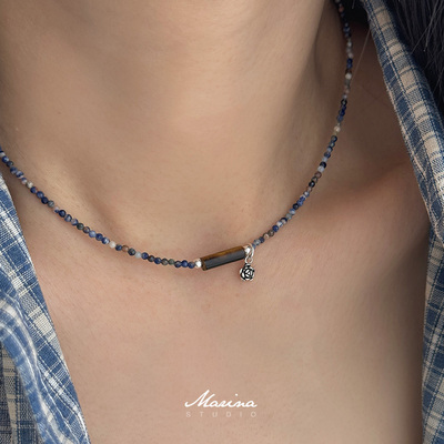 铿锵玫瑰｜极细蓝点石925银玫瑰花项链 天然石锁骨链新中式小众女