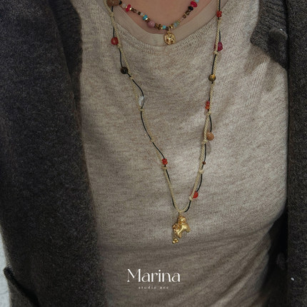 天然石长款棉绳项链【马上有钱】法式复古小众高级感项链可抽拉