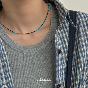 极细1mm青金石项链 925银手工串珠锁骨链绿松石颈链女天然珍珠