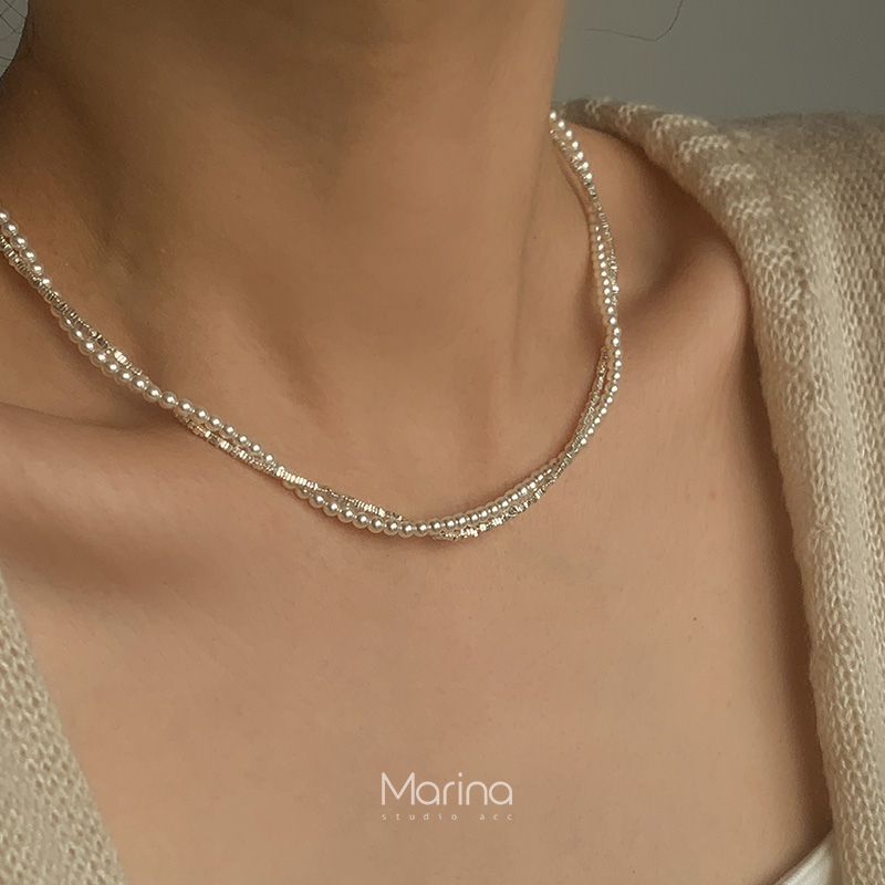S925银双层缠绕碎银多股珍珠项链