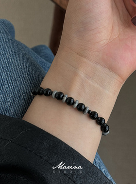 高级黑色系～天然黑曜石设计款手工串珠手串 天然石手链弹力绳女