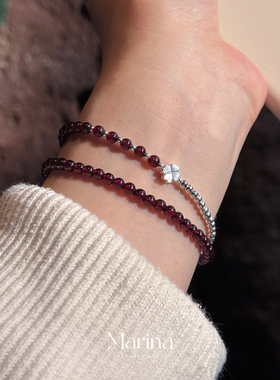 石榴冰酒｜四叶草天然酒红石榴石双圈手串新中式国风通体s925纯银