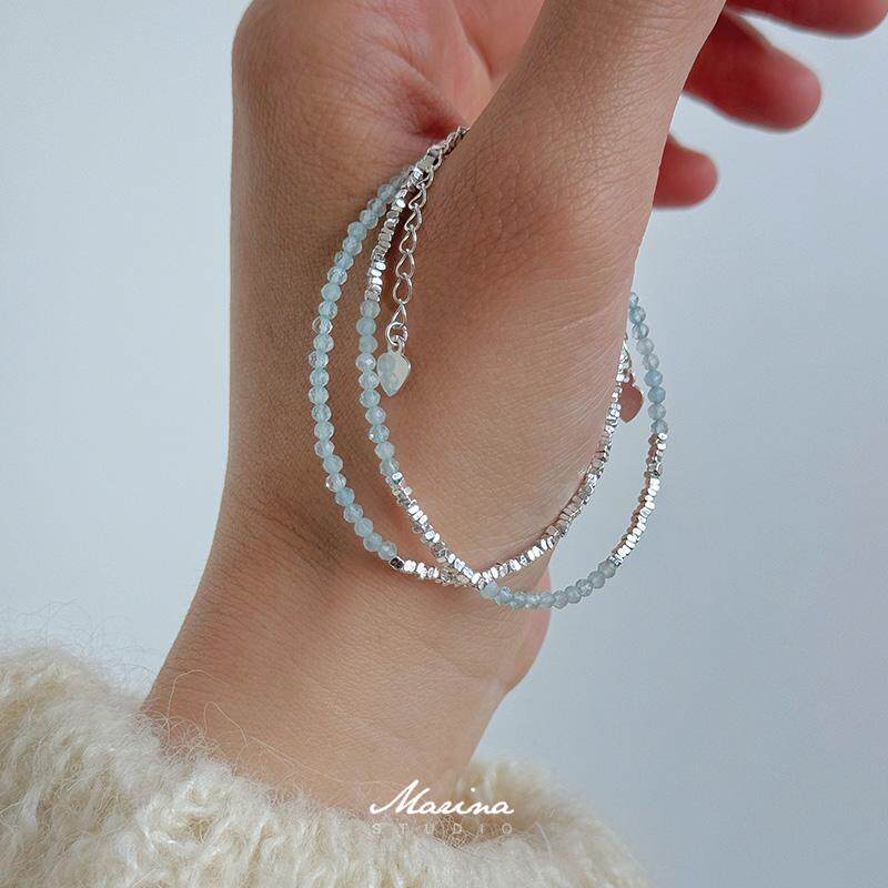 Marina｜天然海蓝宝碎银子水晶手串通体s925纯银手工串珠手链叠戴