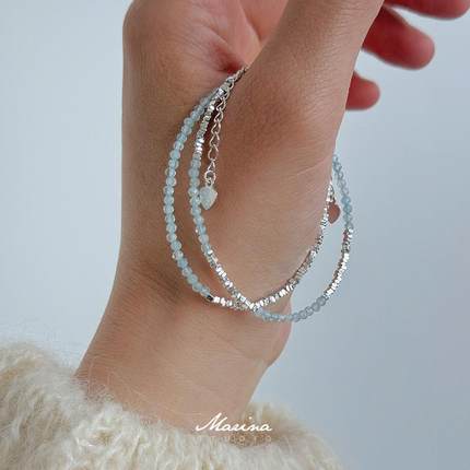 Marina｜天然海蓝宝碎银子水晶手串通体s925纯银手工串珠手链叠戴