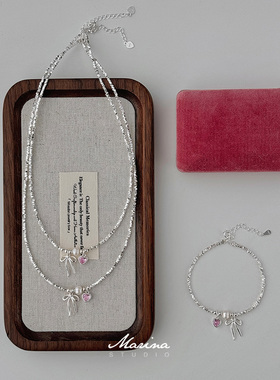 芭蕾少女心通体s925纯银蝴蝶结粉色爱心碎银子项链锁骨链天然珍珠