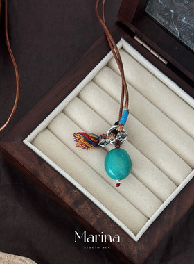 新中式绿松石金刚杵皮绳项链手工编绳长款毛衣链小众设计款女