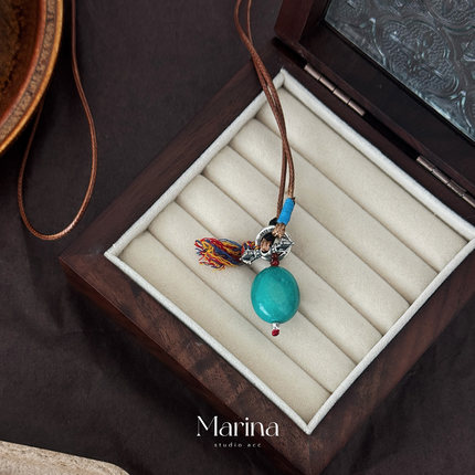 新中式绿松石金刚杵皮绳项链手工编绳长款毛衣链小众设计款女