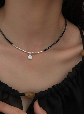 925纯银笑脸黑晶石碎银子项链