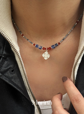 设计款【红蓝小如意】宋式美学新中式天然石串珠项链925纯银红蓝