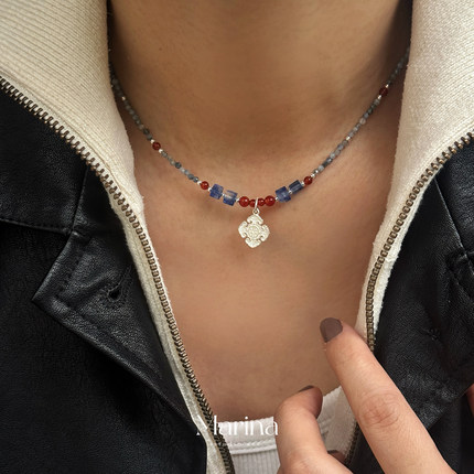 设计款【红蓝小如意】宋式美学新中式天然石串珠项链925纯银红蓝