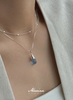 【人鱼眼泪】夏日海边蓝色水滴项链 通体s925纯银猫眼石锁骨链女