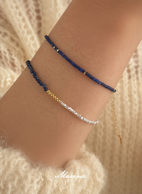 Marina｜极细叠戴天然青金石金银撞色碎银子精致小手链女手串小众