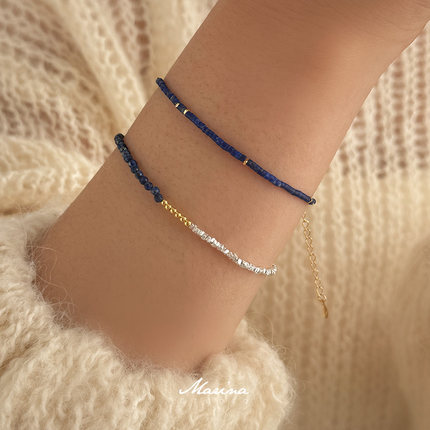 Marina｜极细叠戴天然青金石金银撞色碎银子精致小手链女手串小众