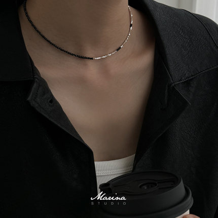 Marina｜切面黑晶石拼接碎银子项链 925纯银黑色珠子手工串珠中式