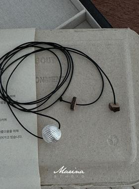 s925纯银纹理珠黑色皮绳项链