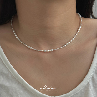 小众竹节碎银子拼接项链 通体s925纯银天然淡水珍珠小米珠锁骨链