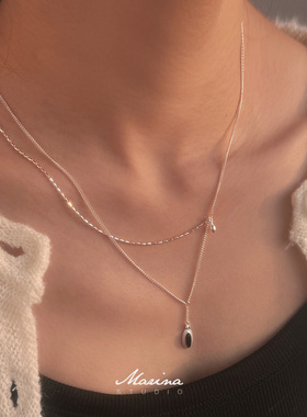 Marina｜双层椭圆黑玛瑙链条项链 通体s925纯银叠戴锁骨链小众