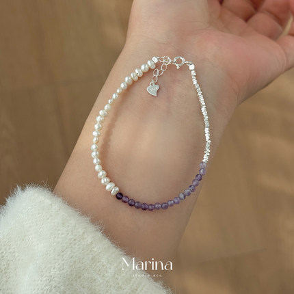 【人间游】紫水晶天然淡水珍珠碎银子手链 通体925纯银天然石手串