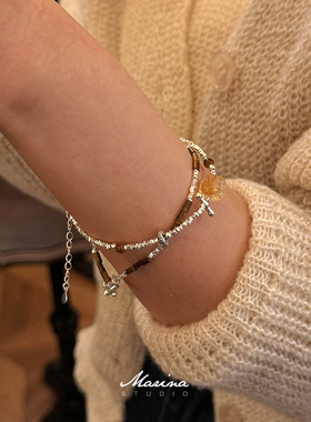 小众设计款天然黄水晶虎眼石手串碎银手链 通体s925纯银手工女款