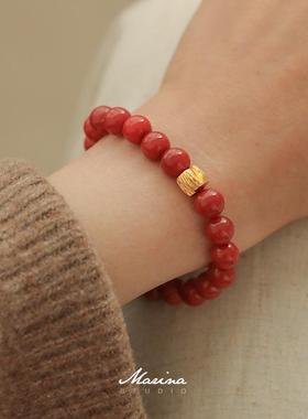 Marina | 新中式天然满肉南红8mm手串 转运珠银镀24k金串珠弹力绳