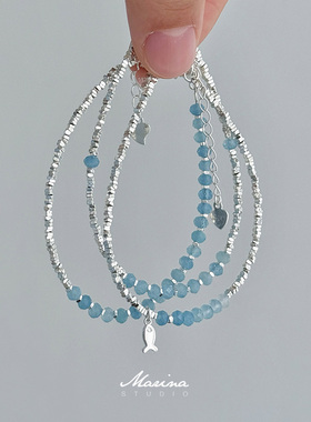 蓝海鱼｜小众天然海蓝宝锦鲤小鱼碎银子手链通体S925银天然石手串