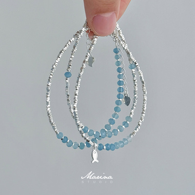 蓝海鱼｜小众天然海蓝宝锦鲤小鱼碎银子手链通体S925银天然石手串