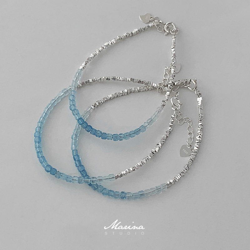海盐碎冰｜天然渐变海蓝宝方糖碎银手链 通体s925纯银串珠手串女