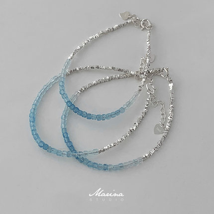 海盐碎冰｜天然渐变海蓝宝方糖碎银手链 通体s925纯银串珠手串女