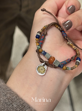 通体925银 复古亚比手链双层叠戴天然石手工编织美拉德波西米亚