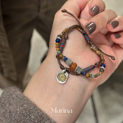 通体925银 复古亚比手链双层叠戴天然石手工编织美拉德波西米亚