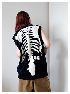 小众日系复古Kapital Vintage平田 骨架 破洞 背心马甲黑
