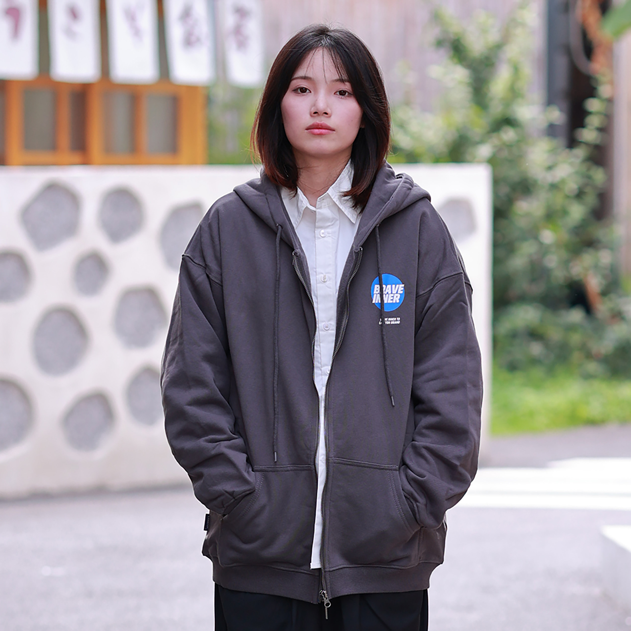 carryon 蓝圆情侣简约宽松拉链卫衣男潮牌春秋季抓绒连帽开衫外套