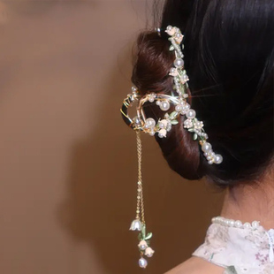 手工流苏抓夹高级感精致汉服发饰发卡珍珠发夹女后脑勺大号鲨鱼夹