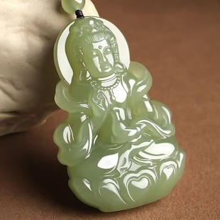 和田青白色玉坠晴水莲花观音菩萨吊坠坐莲度母女神节配饰时百搭
