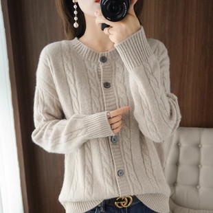 外套新款 圆领慵懒风毛衣针织衫 宽松短款 鄂尔多斯市100%纯羊毛开衫