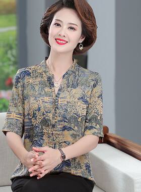新中式新款冰丝短袖T恤夏季印花大码百搭气质桑蚕丝妈妈装上衣潮