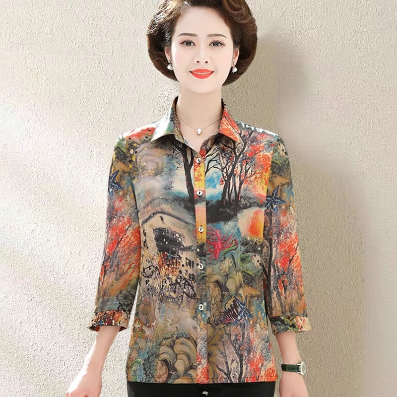 鄂尔多斯市桑蚕丝女妈妈洋气重磅真丝衬衫中老年夏装上衣短袖T恤