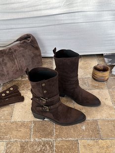 尚格丽娜西部牛仔短女2025秋季新款百搭尖头粗跟瘦瘦靴复古马丁靴