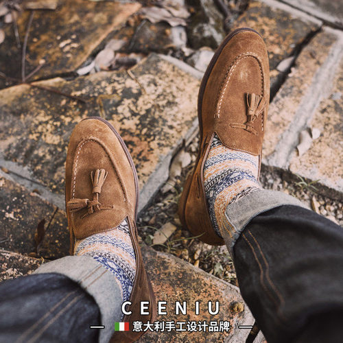 CEENIU意大利春夏反绒男鞋英伦复古乐福鞋男套脚男鞋商务休闲皮鞋