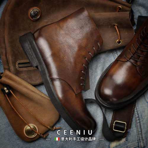 CEENIU意大利美式硬汉重磅做旧牛皮复古马丁靴高帮潮流工装靴男