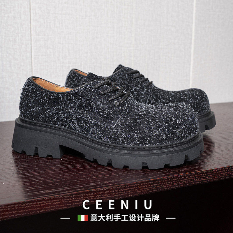 CEENIU意大利美式复古工装鞋长毛牛皮厚底休闲德比鞋翘头男士皮鞋